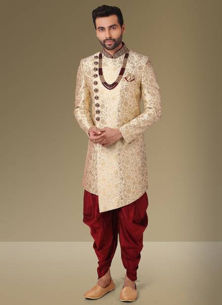 Gold Colour Heavy Wedding Wear Jacquard Banarasi Latest Indo Western Mens Collection 1110